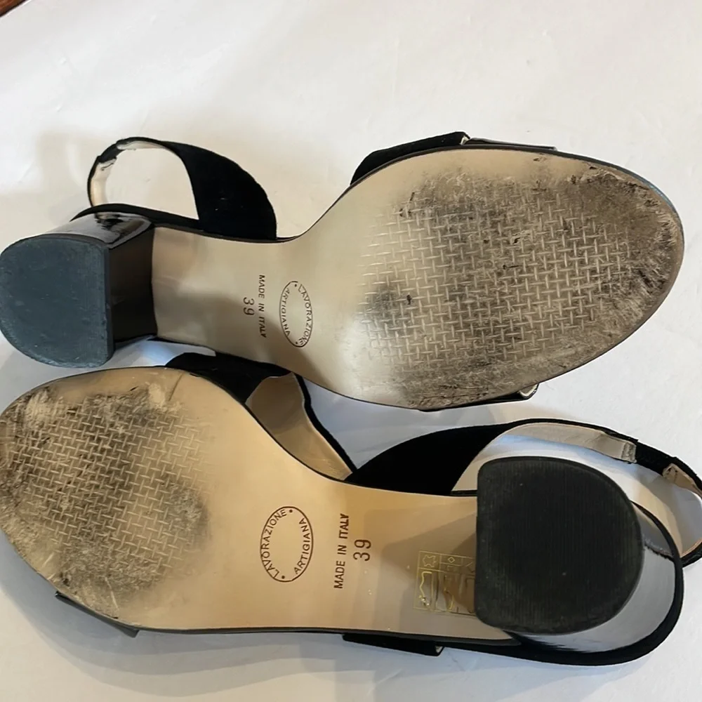 LINEA UNO VERA PELLE genuine patent leather / suede black sandals block heel 39
